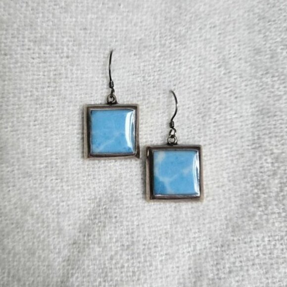 Square Larimar Sterling Silver Earrings Made in Mexico Large Statement Dangles - Picture 5 of 11